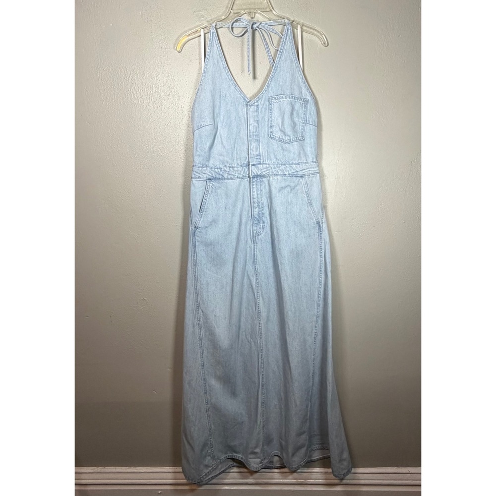 Universal Thread Light Wash Denim Halter‎ Maxi Dress Cutout Back Womens 10 Blue